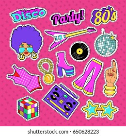 Disco Party Doodle. Music Fashion Set with Woman, Guitar and Trendy Elements. Vector Stickers, Badge and Patch