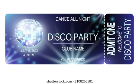 Disco party entrance ticket template. Design for a concert, party, festival.