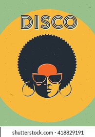 Disco party event flyer. Creative vintage poster. Vector retro style template. Black woman in sunglasses.