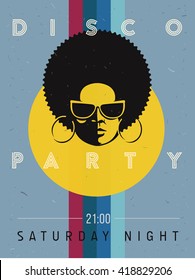 Disco party event flyer. Creative vintage poster. Vector retro style template. Black woman in sunglasses