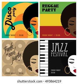 Disco party event flyers set. Reggae, fank and soul, jazz posters. Collection of the creative vintage posters. Vector retro style template. Front view portrait of a black woman face
