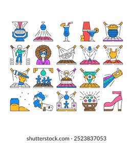 disco party fashion club icons set vector. birthday people, celebrate night, dj dance, event ball, outfit crowd, discoball disco party fashion club color Contour Illustrations