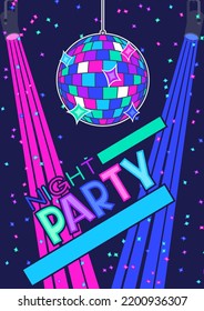 Disco party flyer or concert poster. Colored background.