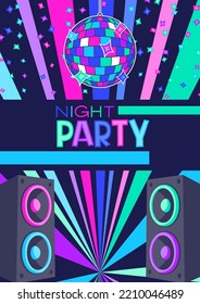 Disco party flyer or concert poster. Colored background.