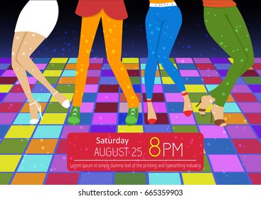 Disco Party Flyer. Feet Of People Dancing On Club Party. Unrecognizable