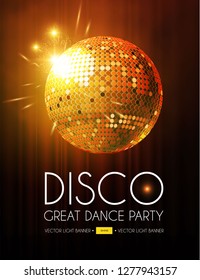 Disco Party Flyer Templatr with Mirror Ball, Stage Curtain and Light Effects.Vector illustration