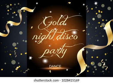 Disco party gold luxury card, invitation, poster. Abstract gold and brown background with space for text. Greeting cards design. Christmas lights. Xmas decorations glowing garlands. Vector EPS 10.