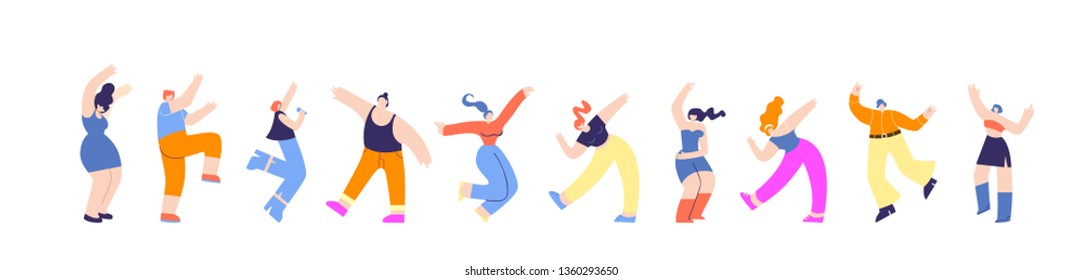 Disco Party Group Dancing People Horizontal Banner Template. Advertisement, Promotion Dance Music Festival Challenge. Creative Banner Flat Vector Illustration Happy Moving Man Woman Cartoon Dancers - Shutterstock ID 1360293650