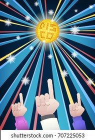 Disco party with hands of men group dance in retro clothes pointing fingers up, under gold mirror ball and colorful ray of light in cartoon style