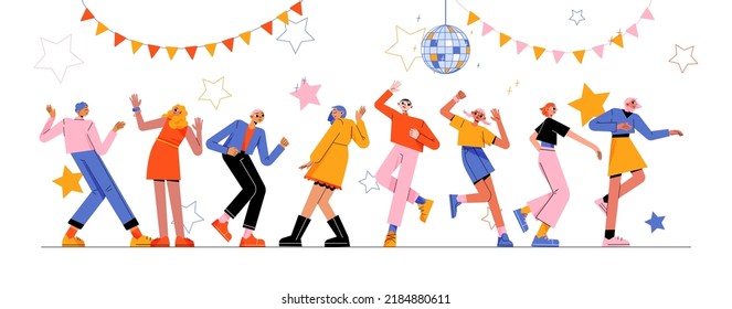 Disco party with happy people dance in night club. Vector flat illustration of music concert or discotheque in nightclub with dancers crowd, disco ball, garlands and stars