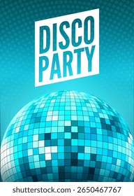 Disco party invitation design with shiny mirror ball and retro blue background for nightlife dance event or celebration flyer.