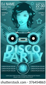Disco  party invitation  leaflet in dark color. Beautiful girl, stars, boombox, bright and shine sphere, vector illustration