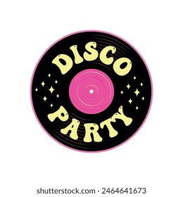 disco party lettering on vinyl record background, groovy vector poster