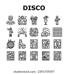 disco party music night dance icons set vector. entertainment light, celebration fun nightlife nightclub, abstract happy, shine club disco party music night dance black contour illustrations