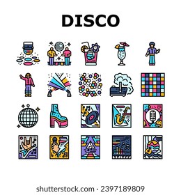 Disco-Party Musik Nacht Tanz Symbole Set Vektorgrafik. Unterhaltungsbeleuchtung, Fest-Spaß-Nachtleben Nachtklub, abstrakter Happy, glänzende Disco-Party-Abend-Tanz-Farbe Illustrationen