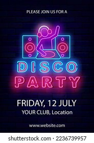 Disco party neon flyer. Vertial poster template. Dj man and music columns. Glowing greeting card on brick wall. Light advertising with shiny typography. Vector stock illustration