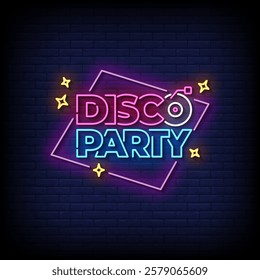 disco party neon sign with brick wall background vector