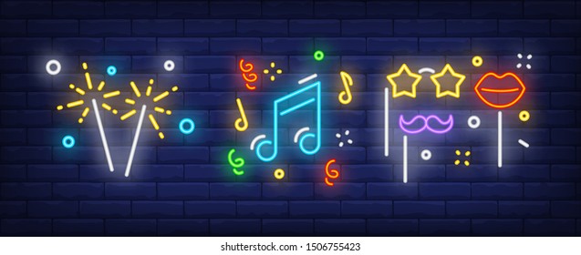 Disco party neon sign set with sparklers, lights, music, masks on sticks. Vector illustration in neon style, bright banner for topics like New Year party, carnival, karaoke bar