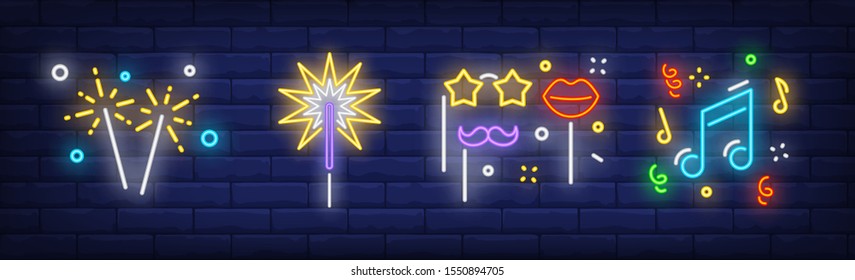 Disco party neon sign set with sparklers, lights, music, masks on sticks. Vector illustration in neon style, bright banner for topics like New Year party, carnival, karaoke bar