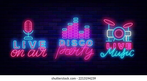 Disco party neon signboards collection. Live music. On air sign. Shiny advertisings. Drum. equalizer and microphone icon. Simple light banners set. Night club event labels. Editable stroke. Vector sto