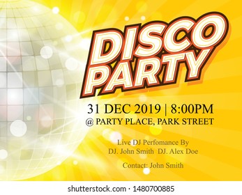 Disco Party Night Vector Template Flyer design for Party celebration with Disco Ball-Vector