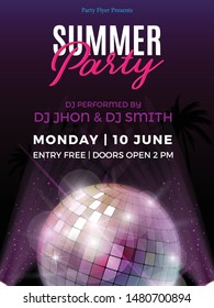 Disco Party Night Vector Template Flyer design for Party celebration with Disco Ball-Vector