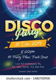 Disco Party Night Vector Template Flyer design for Party celebration with Disco Ball-Vector