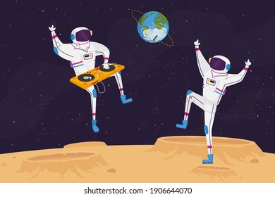 Disco Party on Alien Planet or Moon Surface with Dj and Astronaut Characters Dancing with Turntable. Spacemen in Galaxy Listen Music Dance in Cosmos Weightlessness. Cartoon People Vector Illustration