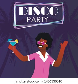 Disco Party on Tropical Beach Invitation Poster. Cartoon Afro American Man in Retro Clothing and Vintage Star Sunglasses Having Fun under Palm Trees. Discotheque at Night. Vector Illustration