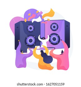 Disco party. People dancing in club and having fun. Nightclub, nightlife, discoteque, clubbing. Female DJ cartoon character. Music concert. Vector isolated concept metaphor illustration