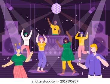 Disco party people. Men and women have fun on dance floor. Musical night club. Cartoon guys or girls dancing at discotheque. DJ at remote control playing music. Vector entertainment concept