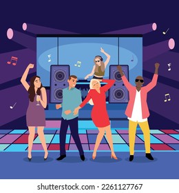 Disco party people. Men and women have fun on dance floor. Musical night club. Cartoon guys or girls dancing at discotheque. DJ at remote control playing music