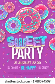 Disco party poster with colorful sweet donuts. Junk fast food background