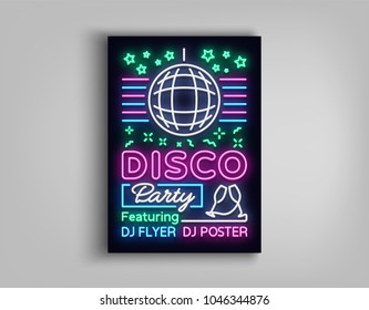 Disco party poster neon banner. Nightclub party, neon style flyer, disco ball, musical night posters template, bright neon advertising party, nightclub, concert, disco. Vector Illustrations