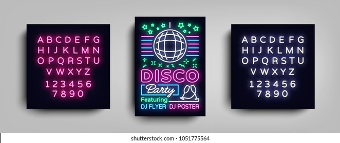 Banner de néon cartaz da festa discoteca. Festa de boate, folheto estilo neon, bola de discoteca, modelo de pôsteres musicais noturnos, festa de publicidade de néon, concerto, discoteca. Ilustrações vetoriais. Edição do sinal de néon de texto