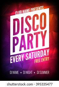 Disco Party Poster Template. Night Dance Party flyer. Disco party design template on dark colorful background. Disco dance party background