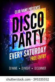 Disco Party Poster Template. Night Dance Party flyer. Disco party design template on dark colorful background. Disco dance party background