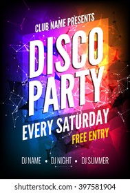 Disco Party Poster Template. Night Dance Party flyer.  Disco party design template on dark colorful background. Disco dance party background