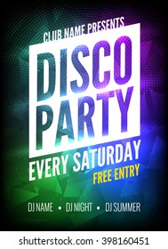 Disco Party Poster Template. Night Dance Party flyer. design template on dark colorful background.