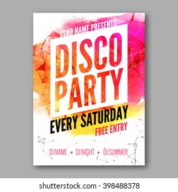 Disco Party Poster Template. Night Dance Party flyer. design template on dark colorful background.