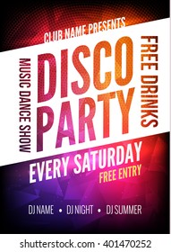 Disco Party Poster Template. Night Dance Party flyer. design template on dark colorful background.