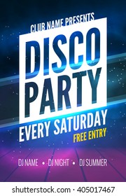 Disco Party Poster Template. Night Dance Party flyer. design template on dark colorful background. 