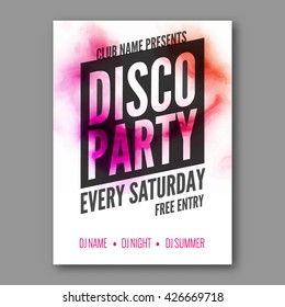 Plantilla de póster de disco. Volante de la fiesta de baile nocturno. Sesión de DJ. Plantilla de diseño de fiesta club sobre fondo oscuro y colorido. Fondo de la acuarela del partido de baile