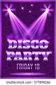 Disco party poster template with shining spotlights. Vector illustration 