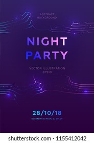 Disco party poster vector template with liquid flow particles background for music event flyers, banners and placards. Eps10 vector illustration