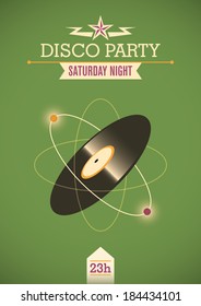 Cartel de una fiesta disco con vinilo. Ilustración vectorial.