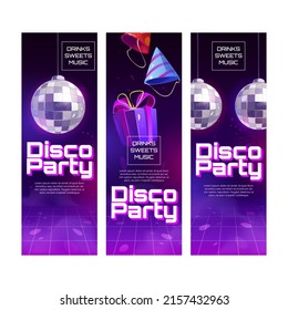 Disco party posters. Invitation flyers for celebration happy birthday or holiday in night club. Vector banners with cartoon illustration of gift box, party hats and disco ball