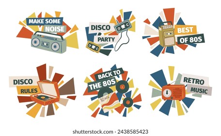 Disco party promotion, concept set design. Retro music advertising, vintage decoration for music equipment, vector illustration. Boombox, cassettes, vinyl records at audio decor collection