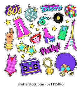 Disco Party Elementos de Moda Retro com Guitarra, Lábios e Estrelas para Adesivos, Patches, Emblemas. Doodle vetorial