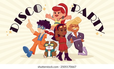 Disco Party Retro Poster Illustration with Cartoon Dancers